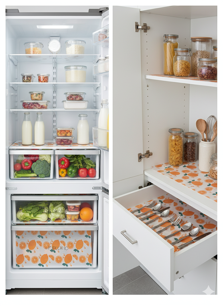 Multipurpose Fridge Mat 3M Roll | Transparent Waterproof EVA Liner – Lemon Tea Cup Print